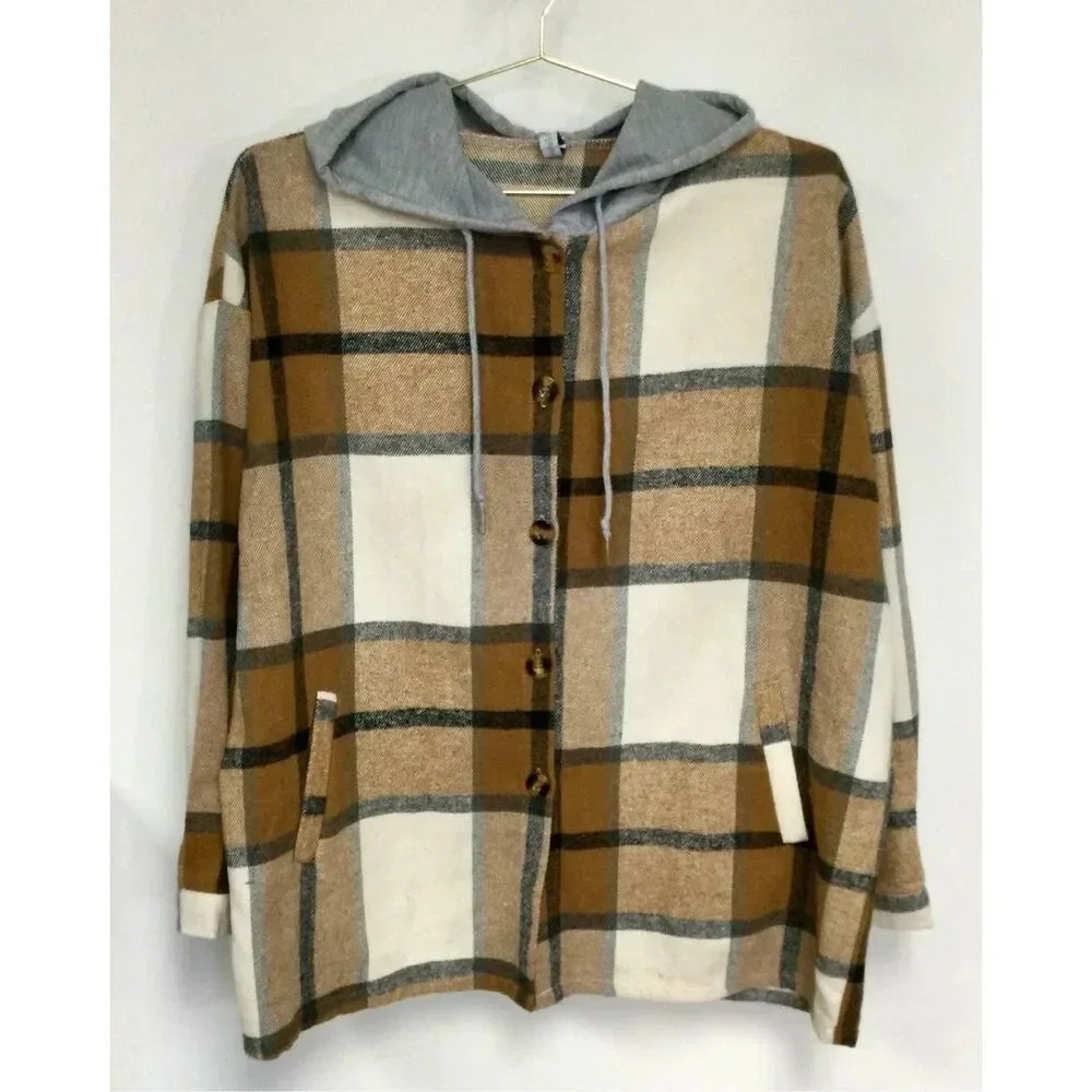 Miss Sparkling Womens Multicolor Plaid Flannel Hoodie Button Down Jacket Size XL